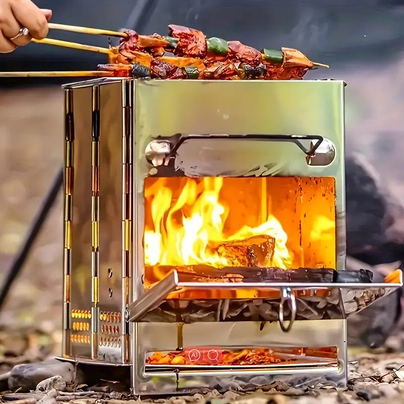 1pc Portable Folding Wood Burning Camping Stove, Lightweight Stainless Steel Wood Stove - Perfect For Camping, Picnics, BBQ Andd Outdoor Cooking, Durable And Efficient、Lightweight.