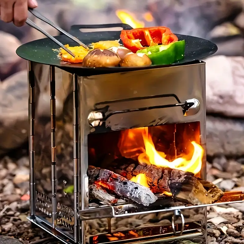 1pc Portable Folding Wood Burning Camping Stove, Lightweight Stainless Steel Wood Stove - Perfect For Camping, Picnics, BBQ Andd Outdoor Cooking, Durable And Efficient、Lightweight.