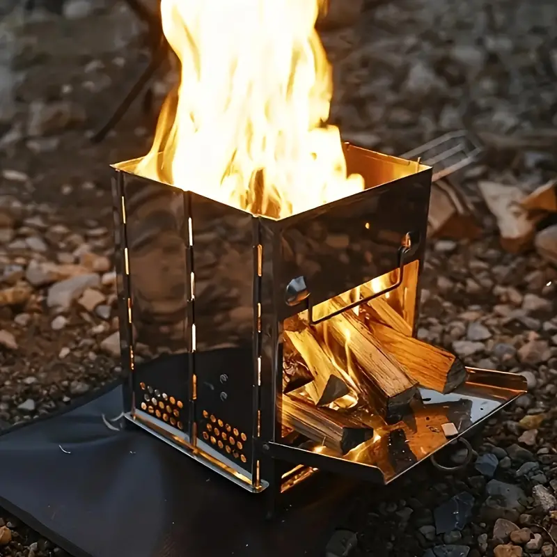 1pc Portable Folding Wood Burning Camping Stove, Lightweight Stainless Steel Wood Stove - Perfect For Camping, Picnics, BBQ Andd Outdoor Cooking, Durable And Efficient、Lightweight.