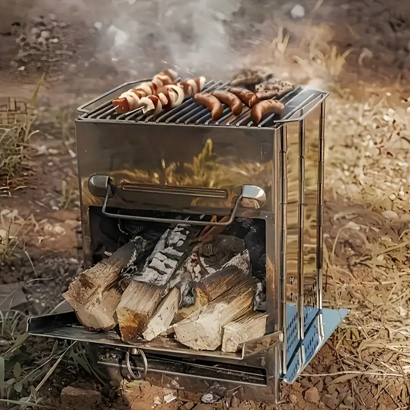 1pc Portable Folding Wood Burning Camping Stove, Lightweight Stainless Steel Wood Stove - Perfect For Camping, Picnics, BBQ Andd Outdoor Cooking, Durable And Efficient、Lightweight.