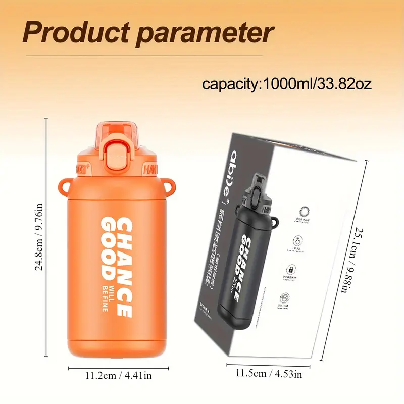 Sports Stainless Steel Insulated Water Bottles, 33oz Water Bottle With Straw And Strap, Leak-Proof And BPA-Free, Wide Mouth Vacuum Bottle For Fitness, Gym & Outdoor