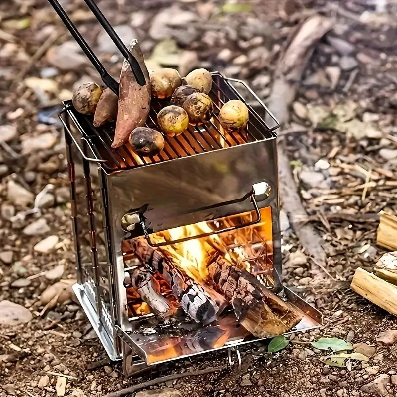 1pc Portable Folding Wood Burning Camping Stove, Lightweight Stainless Steel Wood Stove - Perfect For Camping, Picnics, BBQ Andd Outdoor Cooking, Durable And Efficient、Lightweight.