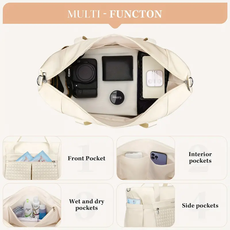 8pc Gym Bag for Women, 40L Travel Duffel Bag with Shoes Compartment and Wet Pocket, Waterproof Carry On Weekender Bag, Sport Gym Tote Bags Swimming Yoga, Hospital Holdalls