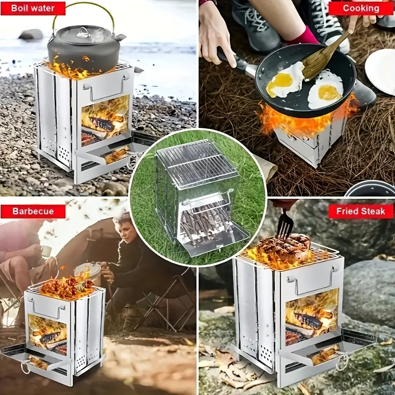 1pc Portable Folding Wood Burning Camping Stove, Lightweight Stainless Steel Wood Stove - Perfect For Camping, Picnics, BBQ Andd Outdoor Cooking, Durable And Efficient、Lightweight.