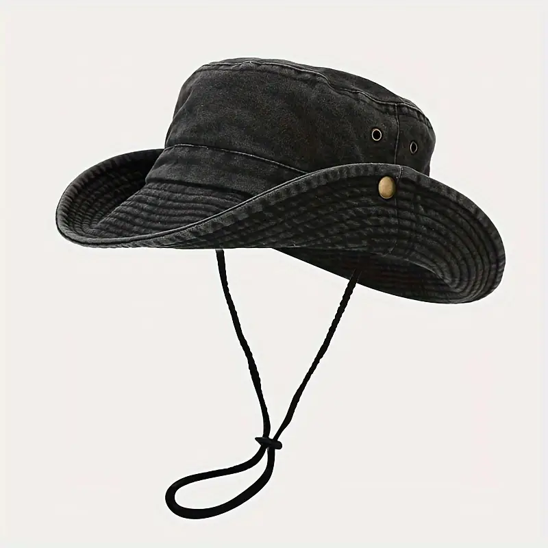 Men's Fashion Wide Brim Washed Vintage Fishing Hiking Hat, Outdoor Travel Sun Protection Bucket Cap with Chin Strap