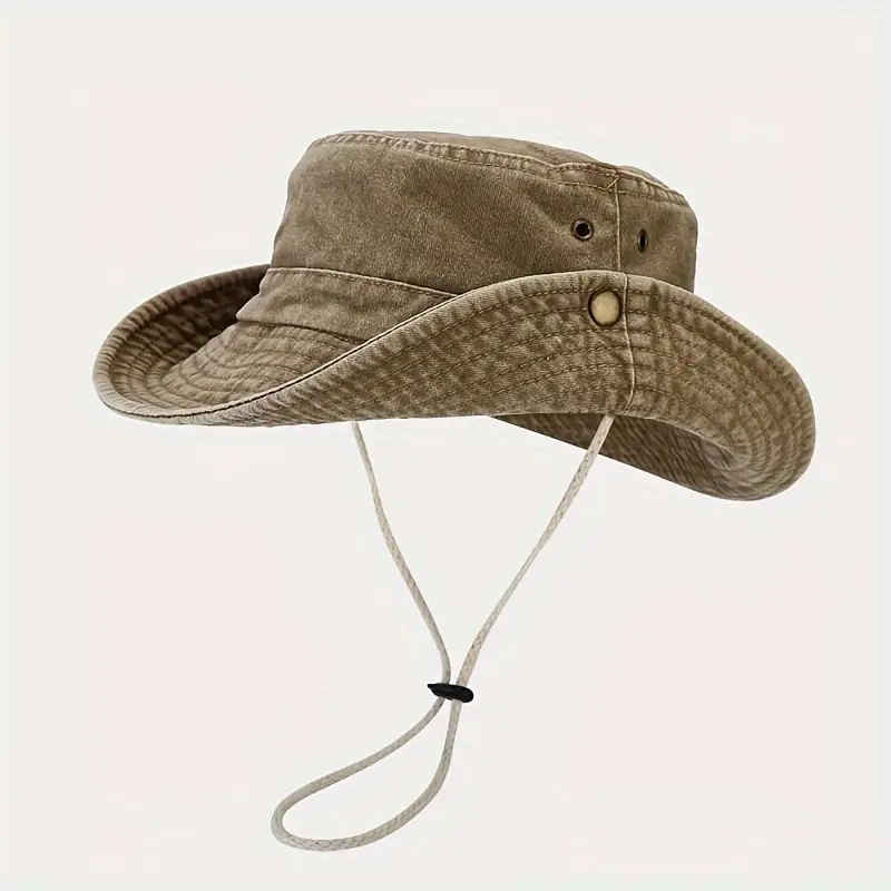 Men's Fashion Wide Brim Washed Vintage Fishing Hiking Hat, Outdoor Travel Sun Protection Bucket Cap with Chin Strap