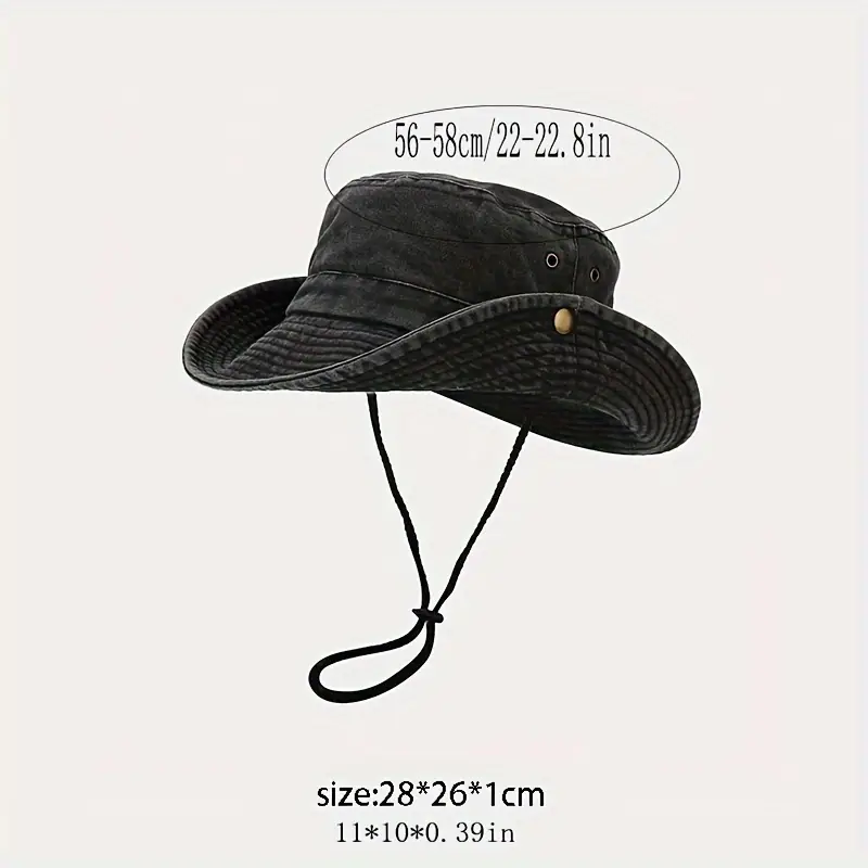 Men's Fashion Wide Brim Washed Vintage Fishing Hiking Hat, Outdoor Travel Sun Protection Bucket Cap with Chin Strap