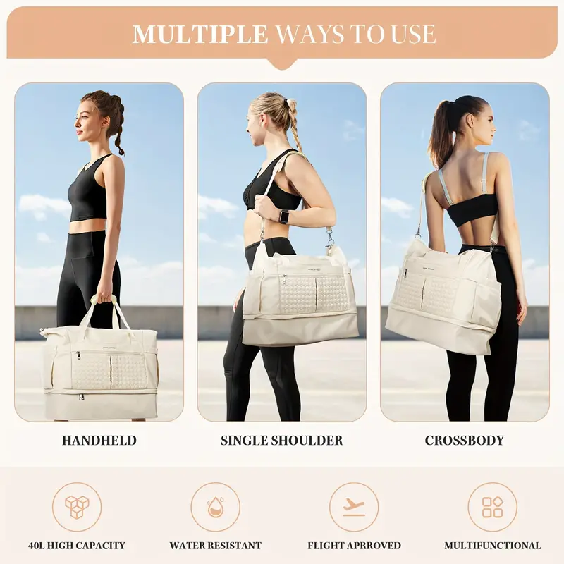 8pc Gym Bag for Women, 40L Travel Duffel Bag with Shoes Compartment and Wet Pocket, Waterproof Carry On Weekender Bag, Sport Gym Tote Bags Swimming Yoga, Hospital Holdalls