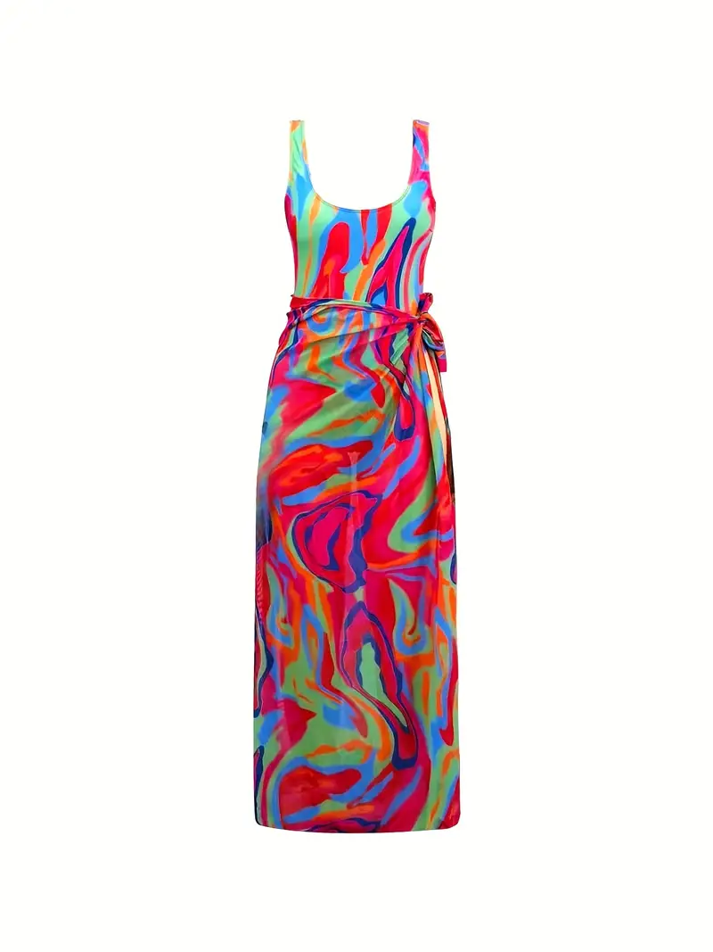 Multi Color Liquid Swirl Print 2 Piece Swimsuits, Scoop Neck High Cut One Piece Bathing Suit & Tie Side Mexi Cover Up Skirt, Women's Swimwear & Clothing For Holiday