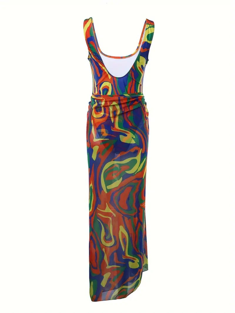 Multi Color Liquid Swirl Print 2 Piece Swimsuits, Scoop Neck High Cut One Piece Bathing Suit & Tie Side Mexi Cover Up Skirt, Women's Swimwear & Clothing For Holiday