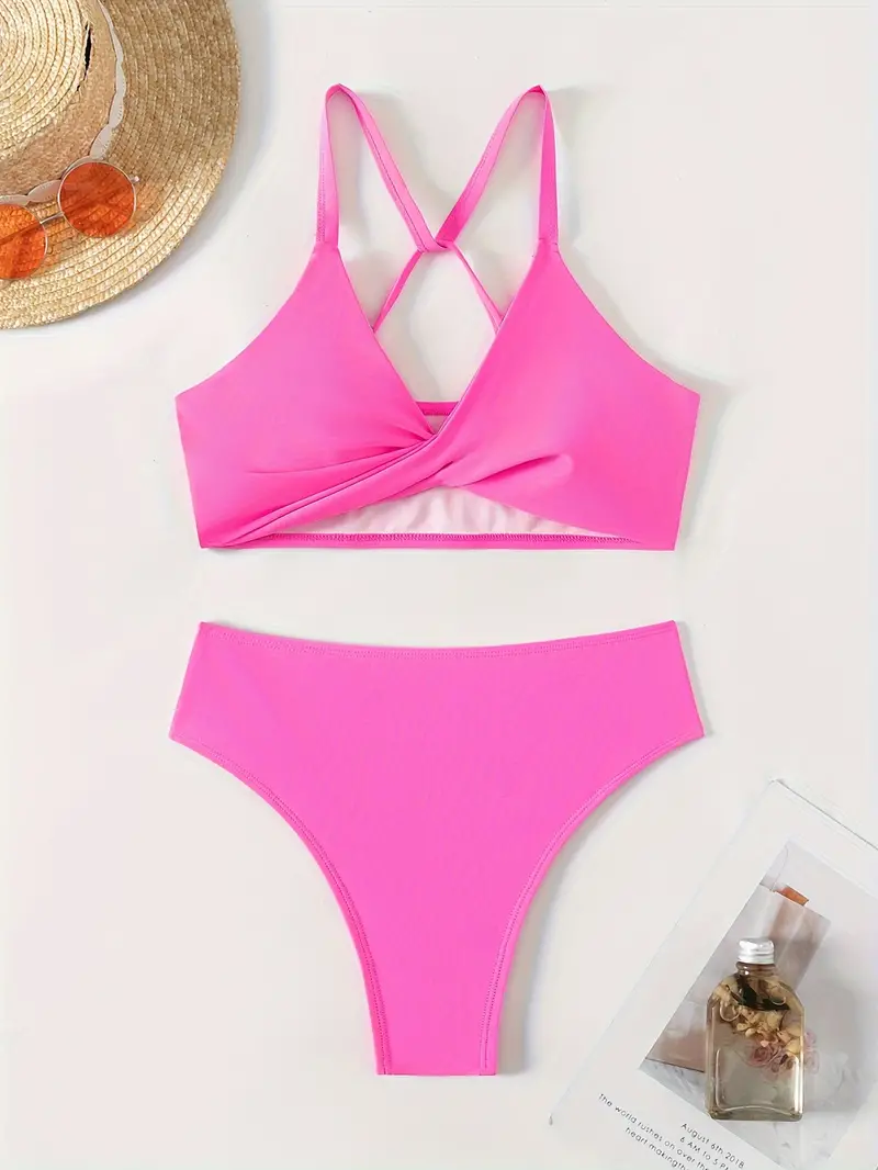 Plain Twist Front V Neck 2 Piece Set Bikini, Criss Cross Spaghetti Strap Stretchy Swimsuits, Women's Swimwear & Clothing