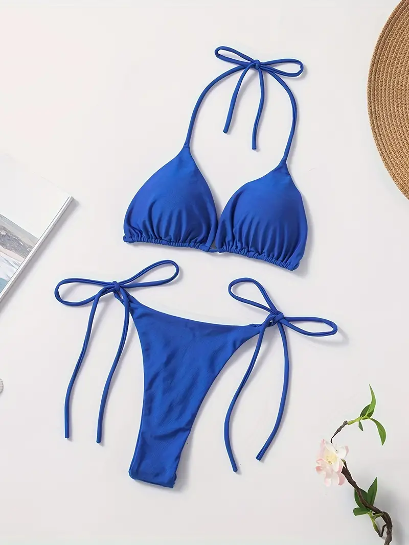 Solid Color Fashion Two Piece Set Bikini, Halter Neck Triangle Backless Tie Side Swimsuits, Women's Swimwear & Clothing