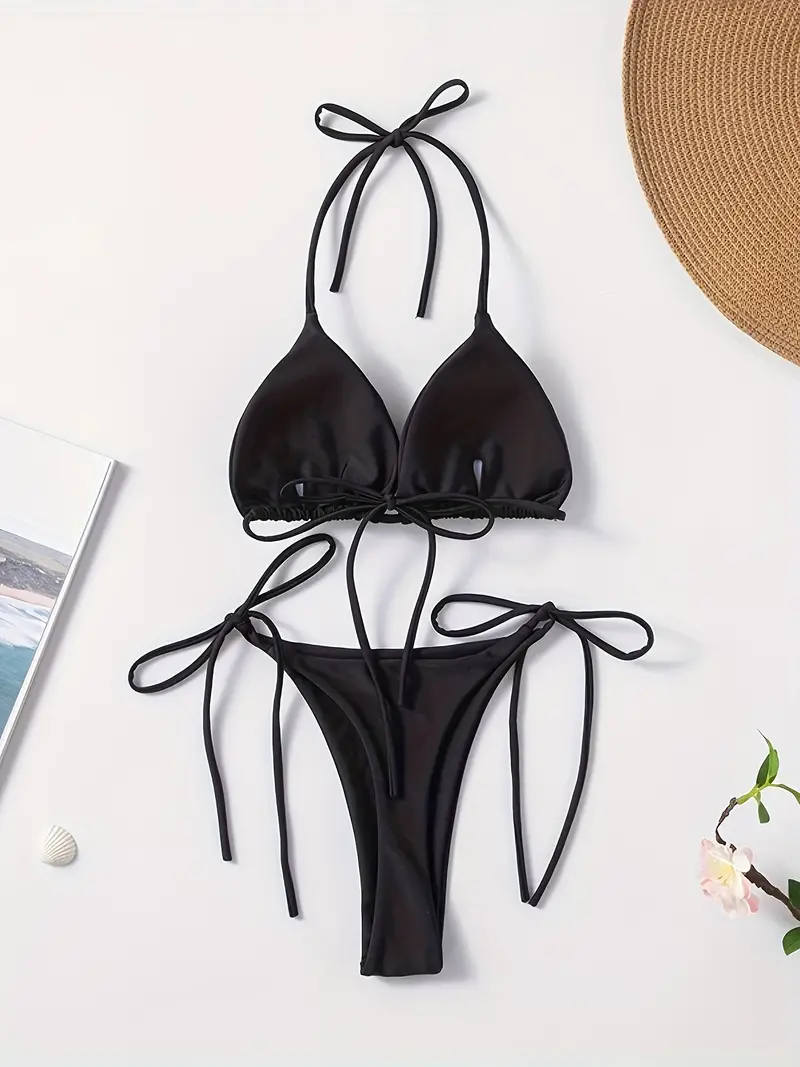 Solid Color Fashion Two Piece Set Bikini, Halter Neck Triangle Backless Tie Side Swimsuits, Women's Swimwear & Clothing