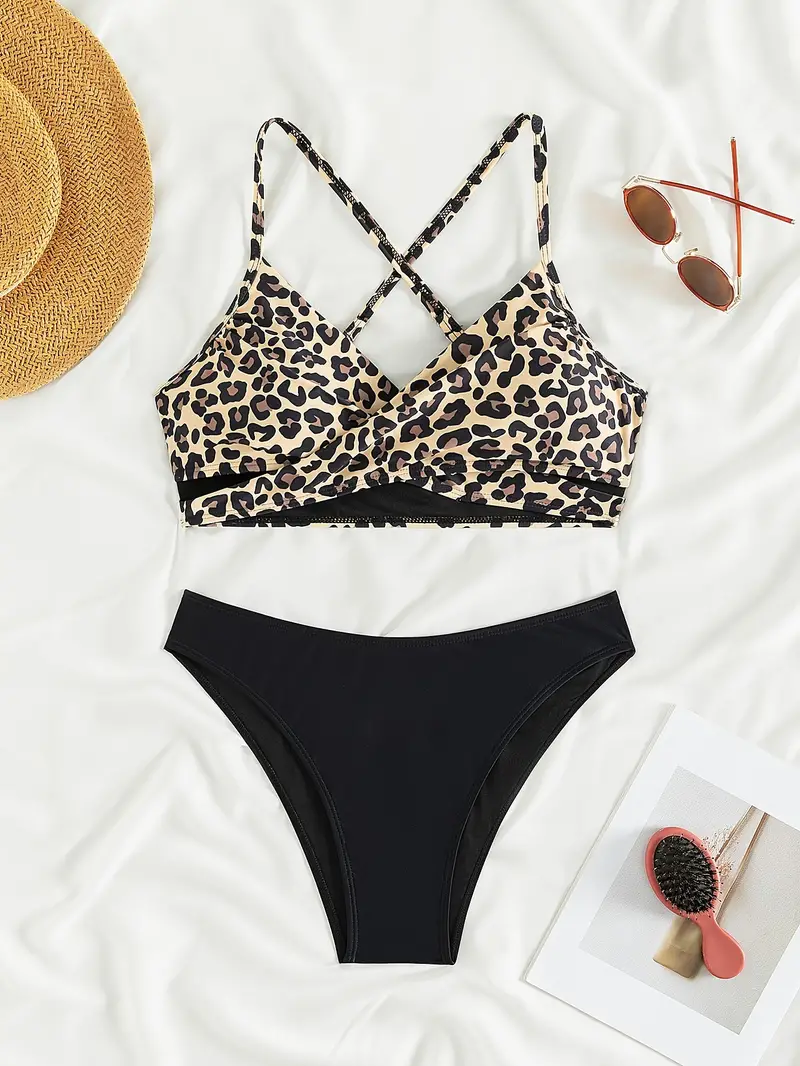 Leopard Print Criss Cross V Neck 2 Piece Set Bikini, High Stretch Spaghetti Strap Stylish Swimsuits, Women's Swimwear & Clothing