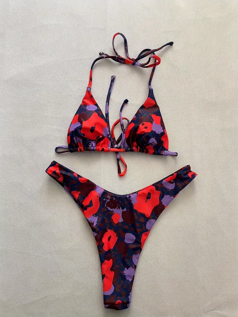 Allover Print Triangle Halter 2 Piece Set Bikini, Cheeky Tie Strap Stretchy Swimsuits, Women's Swimwear & Clothing