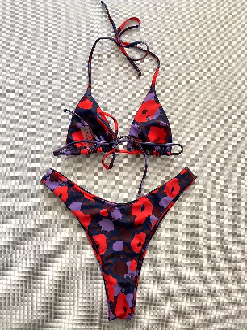 Allover Print Triangle Halter 2 Piece Set Bikini, Cheeky Tie Strap Stretchy Swimsuits, Women's Swimwear & Clothing