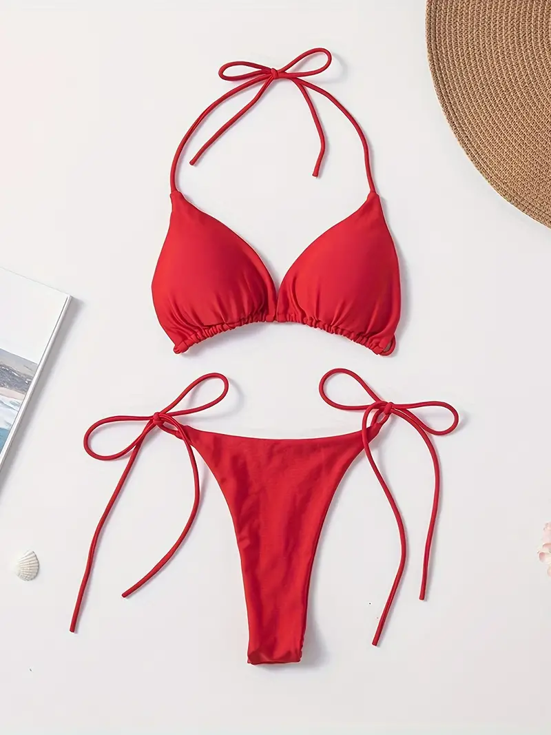 Solid Color Fashion Two Piece Set Bikini, Halter Neck Triangle Backless Tie Side Swimsuits, Women's Swimwear & Clothing