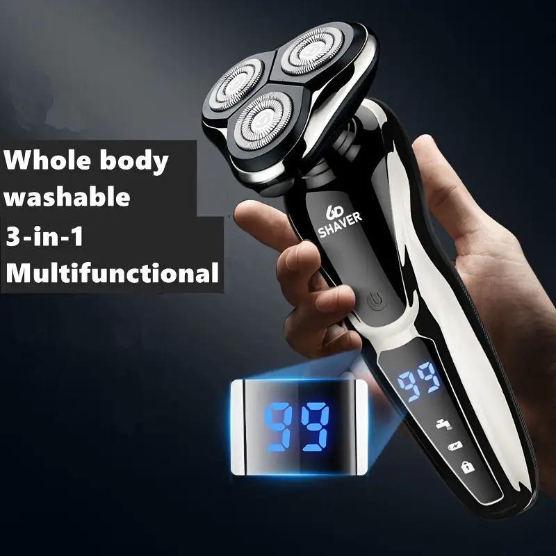 Mens Advanced 3-in-1 Electric Shaving Kit - USB Rechargeable, Portable & Smart Digital Display - Precision Nose Hair Trimmer & 3D Floating Blade Beard Grooming Machine