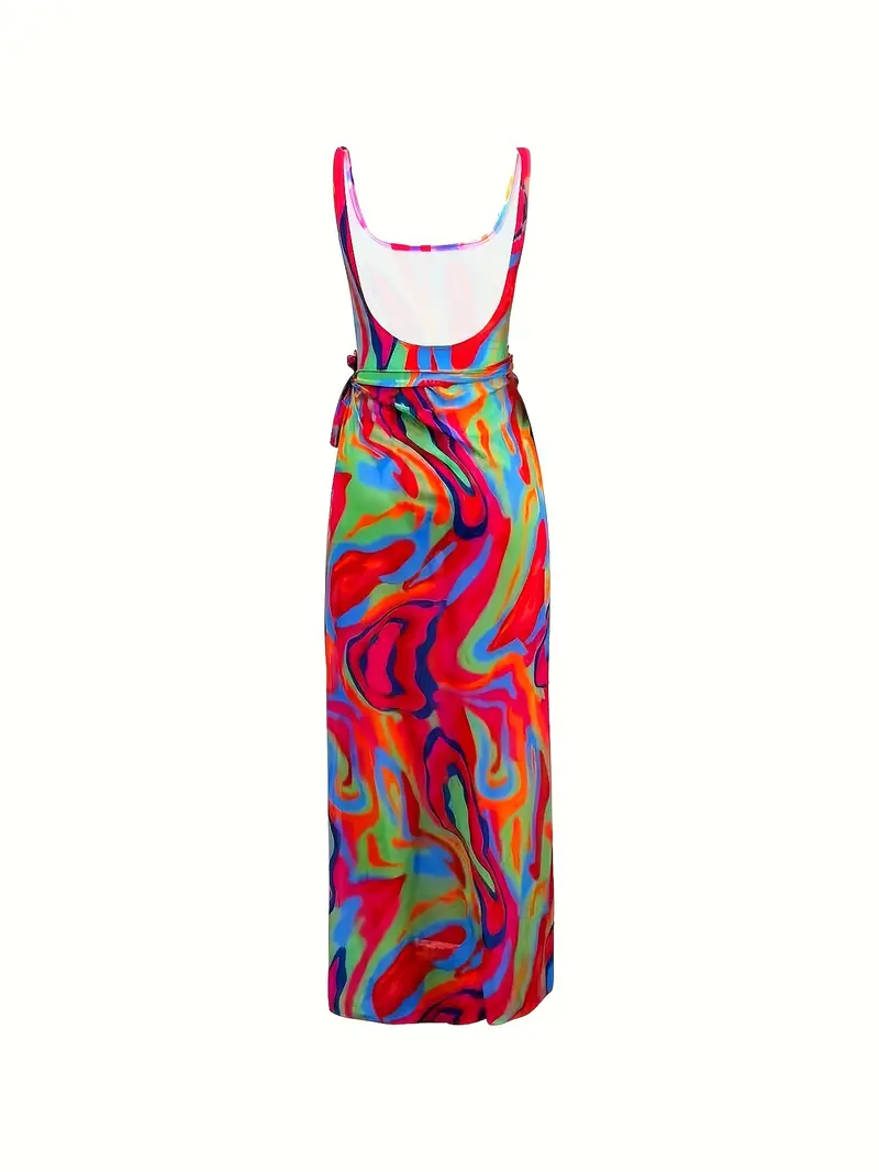 Multi Color Liquid Swirl Print 2 Piece Swimsuits, Scoop Neck High Cut One Piece Bathing Suit & Tie Side Mexi Cover Up Skirt, Women's Swimwear & Clothing For Holiday