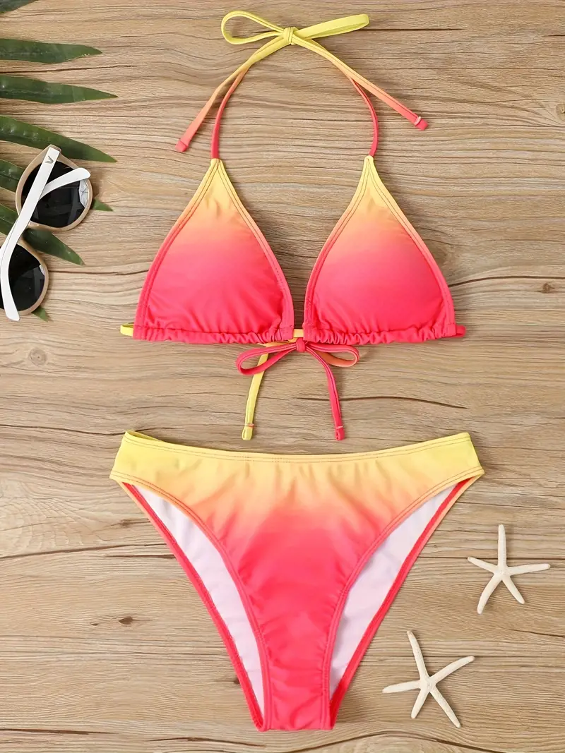 Ombre Halter Triangle 2 Piece Set Bikini, Tie Back Low Waist Medium Stretchy Backless Swimsuits, Women's Swimwear & Clothing