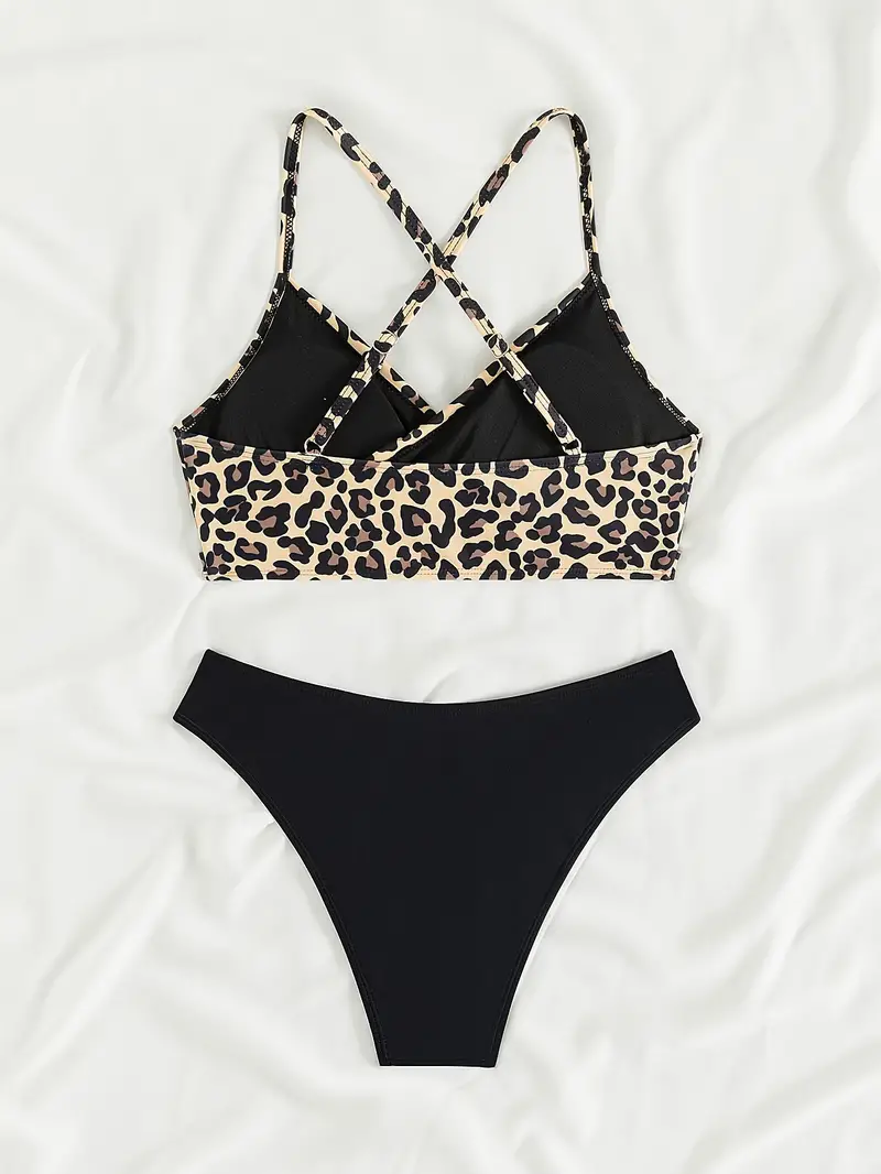 Leopard Print Criss Cross V Neck 2 Piece Set Bikini, High Stretch Spaghetti Strap Stylish Swimsuits, Women's Swimwear & Clothing