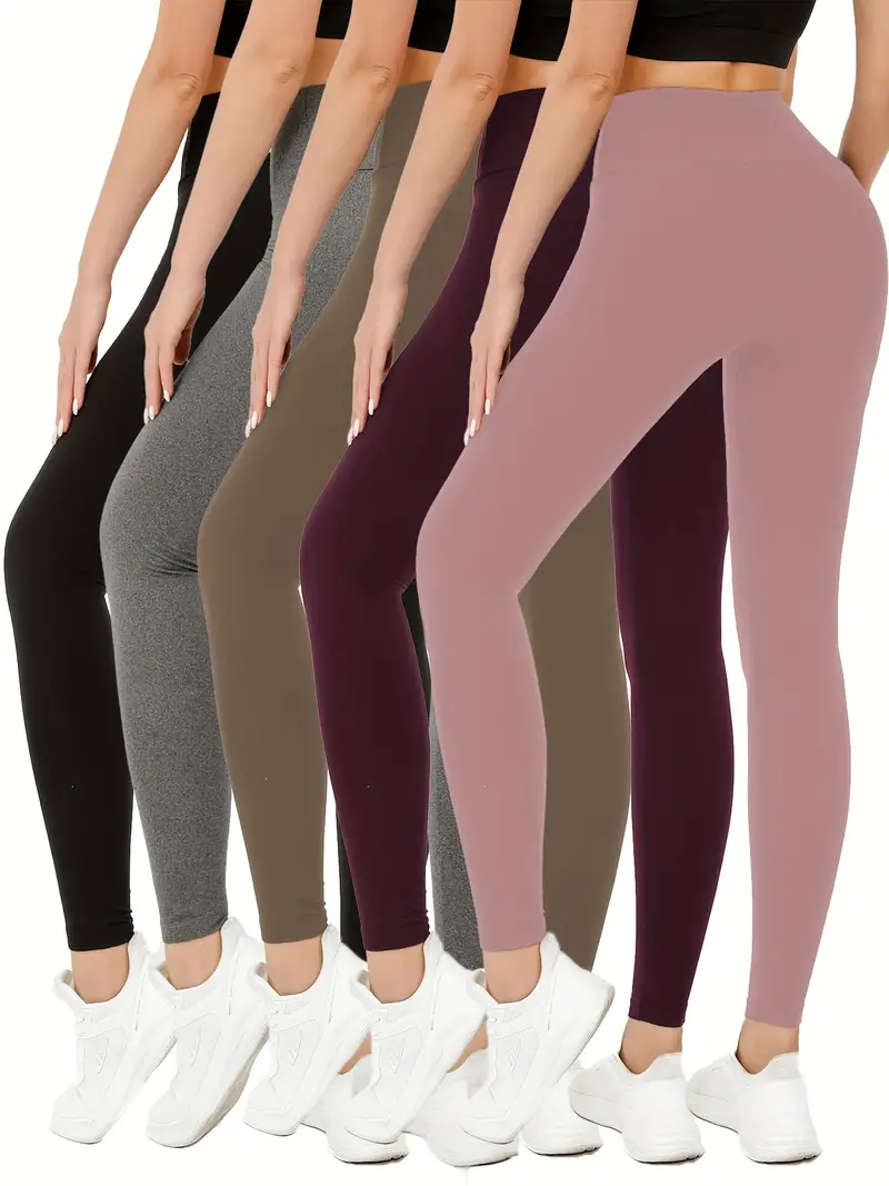 5pcs Super Soft Leggings For Women, High Waisted Tummy Control No See Through Workout Yoga Running Pants Leggings, Women's Activewear