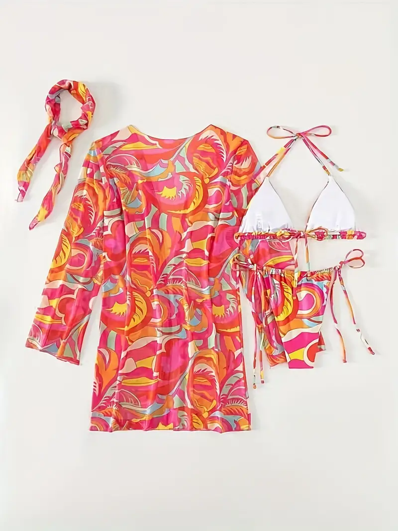 Tropical Print Tie Side Halter 3 Piece Swimsuit With Headscarf, Tie Neck Triangle Spaghetti Strap Bikini Long Sleeve Stretchy Cover Up, Women's Swimwear & Clothing