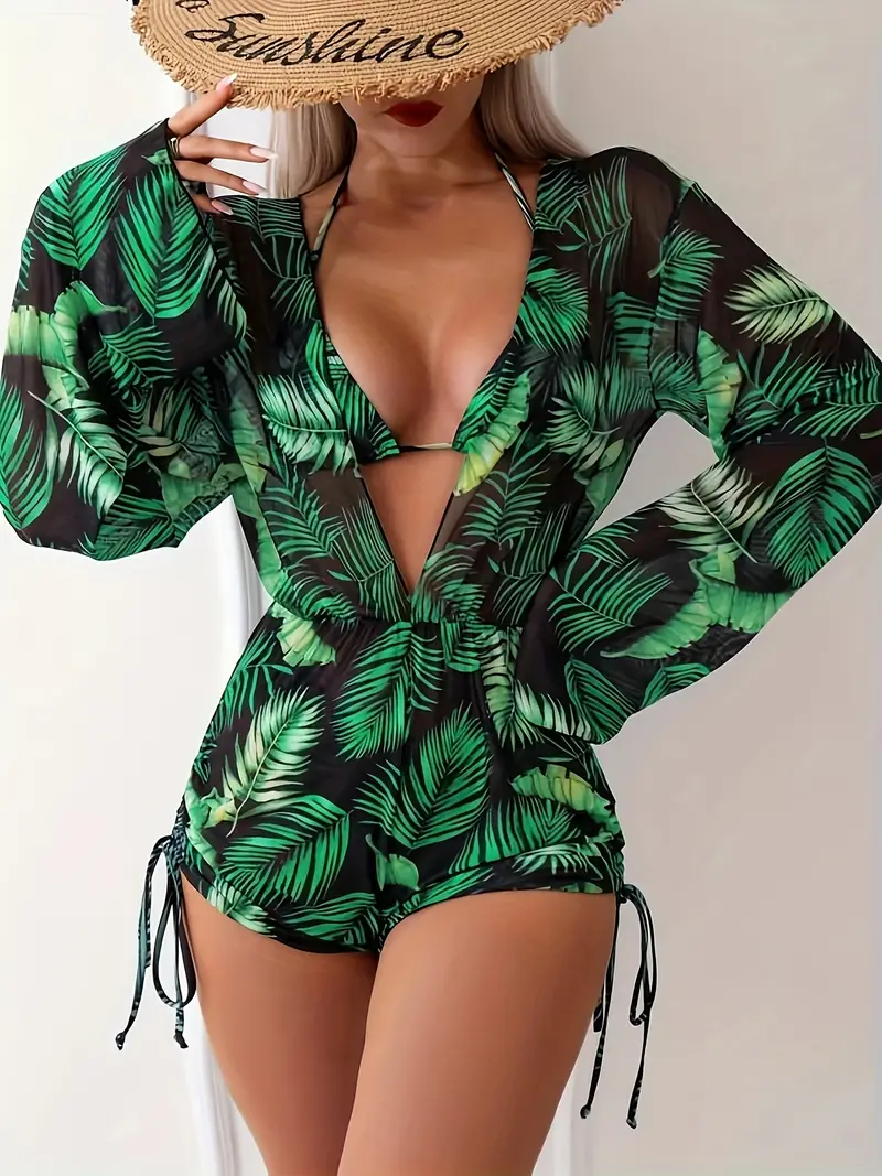 Leaf Print 3 Piece Set Bikini, Halter V Neck Tie Back Backless High Cut With Cover Up Romper Swimsuits, Women's Swimwear & Clothing Triangle Top