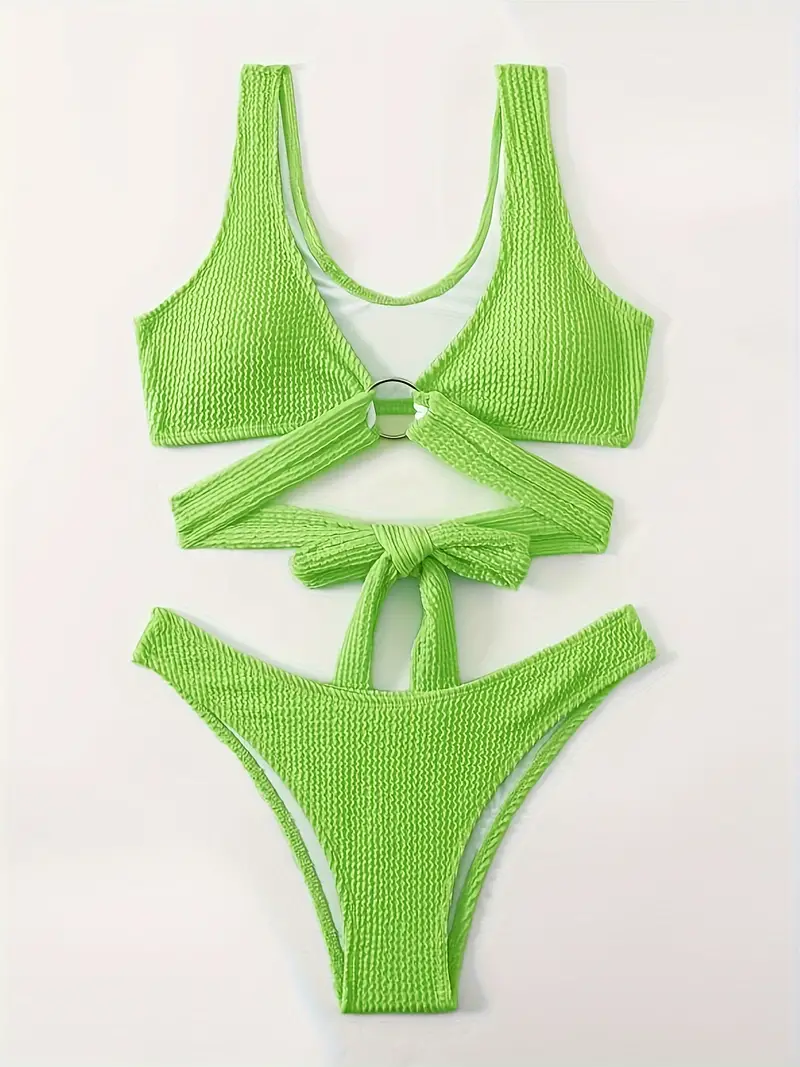 Plain Neon Green Textured Fabric 2 Piece Set Bikini, Ring Criss Cross Stretchy Swimsuits, Women's Swimwear & Clothing