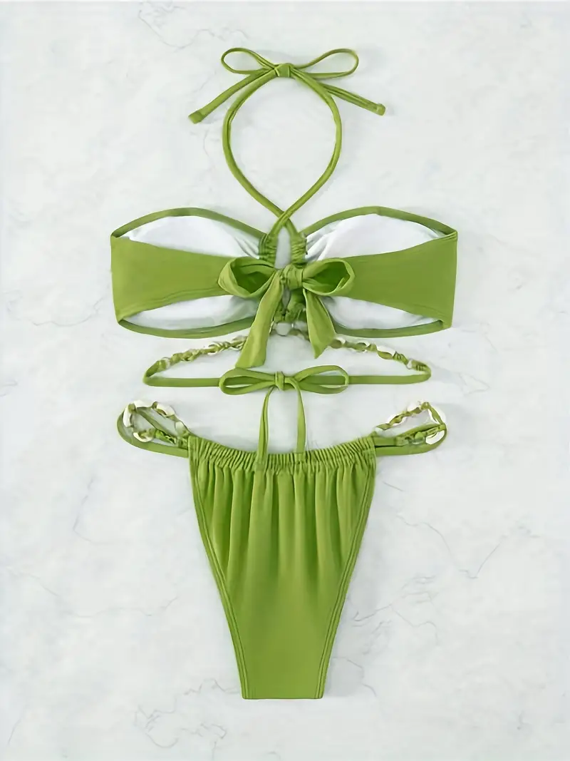 Seashell Decor Plain Green 2 Piece Set Bikini, Criss Cross Halter Tie Strap Cute Swimsuits, Women's Swimwear & Clothing