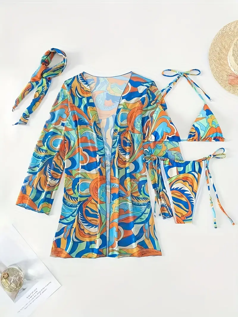 Tropical Print Tie Side Halter 3 Piece Swimsuit With Headscarf, Tie Neck Triangle Spaghetti Strap Bikini Long Sleeve Stretchy Cover Up, Women's Swimwear & Clothing