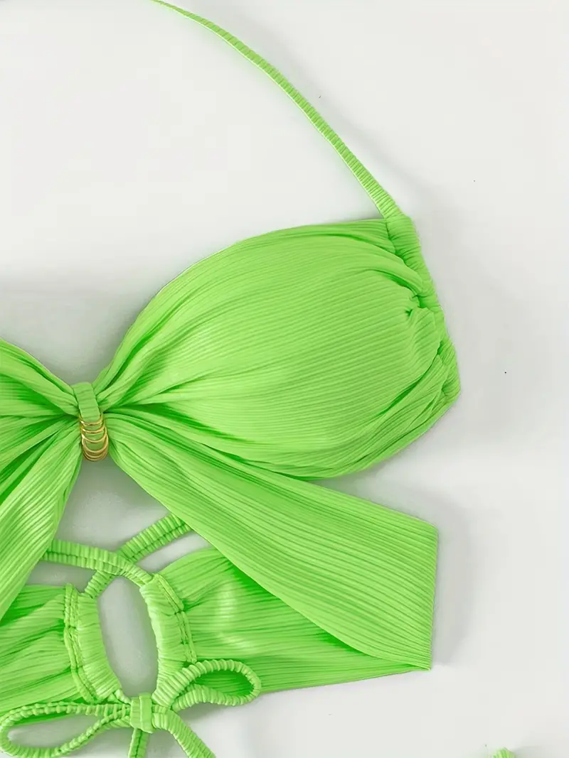 Neon Green Rib Knit Criss Cross Ring Decor 2 Piece Bikini, Solid Color Tie Back High Cut Stretchy Halter Swimsuit, Women's Swimwear & Clothing