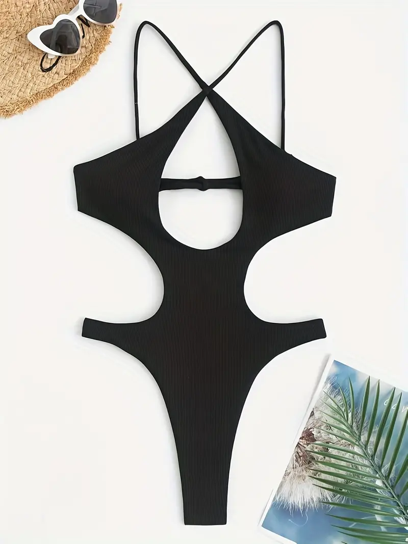 Criss Cross Rib Knit Tie Back Monokini One-piece Swimsuit, Hollow Out High Cut Stretchy Plain Bathing Suits, Women's Swimwear & Clothing