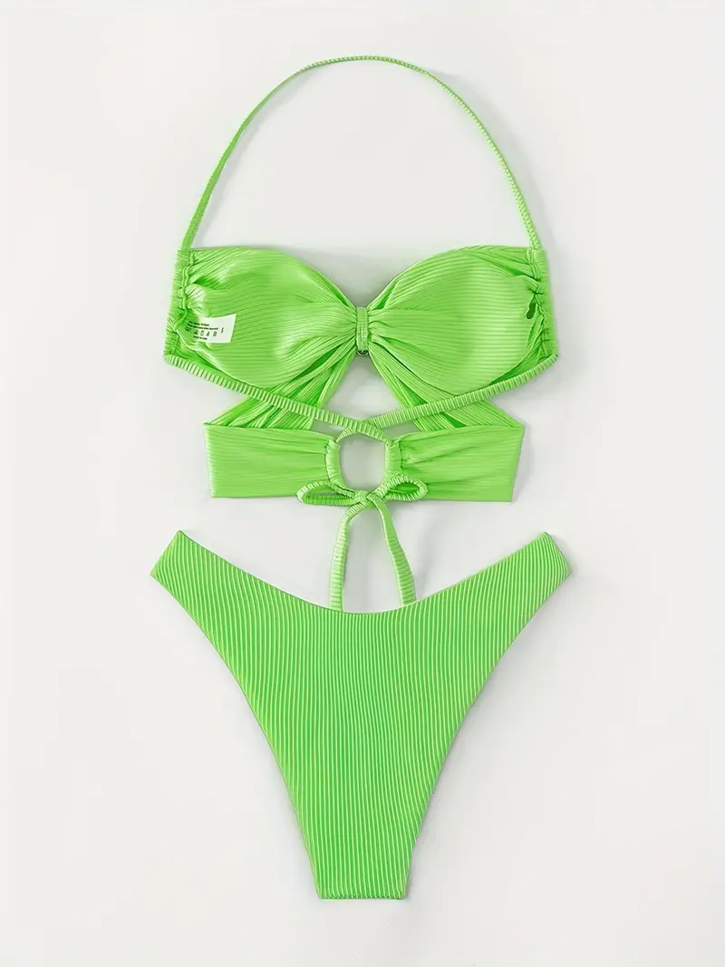 Neon Green Rib Knit Criss Cross Ring Decor 2 Piece Bikini, Solid Color Tie Back High Cut Stretchy Halter Swimsuit, Women's Swimwear & Clothing