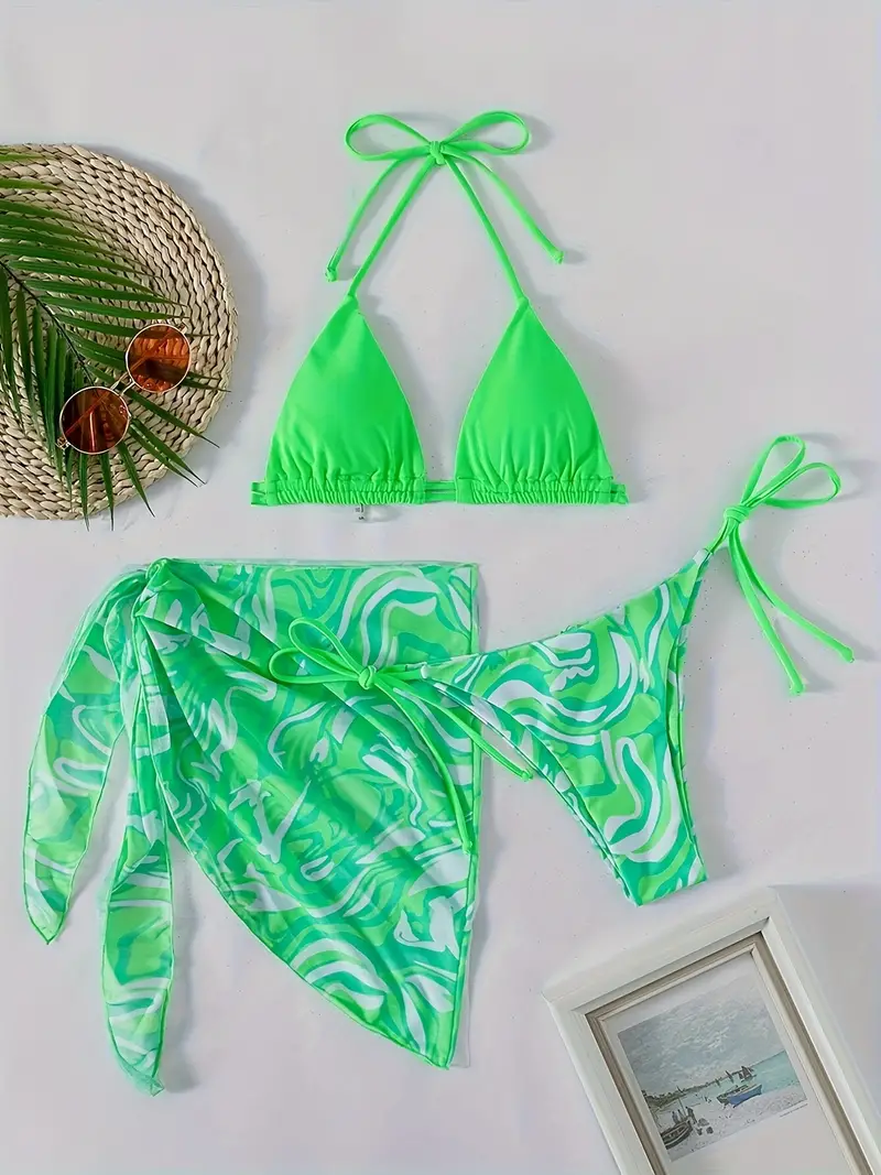 Neon Green Swirl Print 3 Piece Set Swimsuits, Triangle Tie Strap Halter Bikini & Mesh Cover Up, Women's Swimwear & Clothing