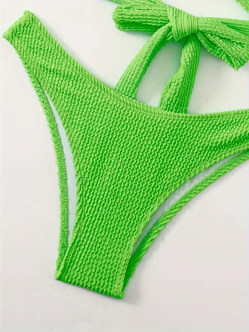 Plain Neon Green Textured Fabric 2 Piece Set Bikini, Ring Criss Cross Stretchy Swimsuits, Women's Swimwear & Clothing