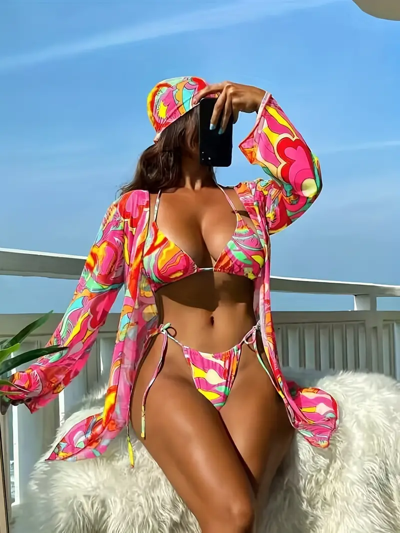 Tropical Print Tie Side Halter 3 Piece Swimsuit With Headscarf, Tie Neck Triangle Spaghetti Strap Bikini Long Sleeve Stretchy Cover Up, Women's Swimwear & Clothing