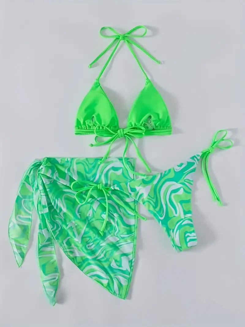 Neon Green Swirl Print 3 Piece Set Swimsuits, Triangle Tie Strap Halter Bikini & Mesh Cover Up, Women's Swimwear & Clothing