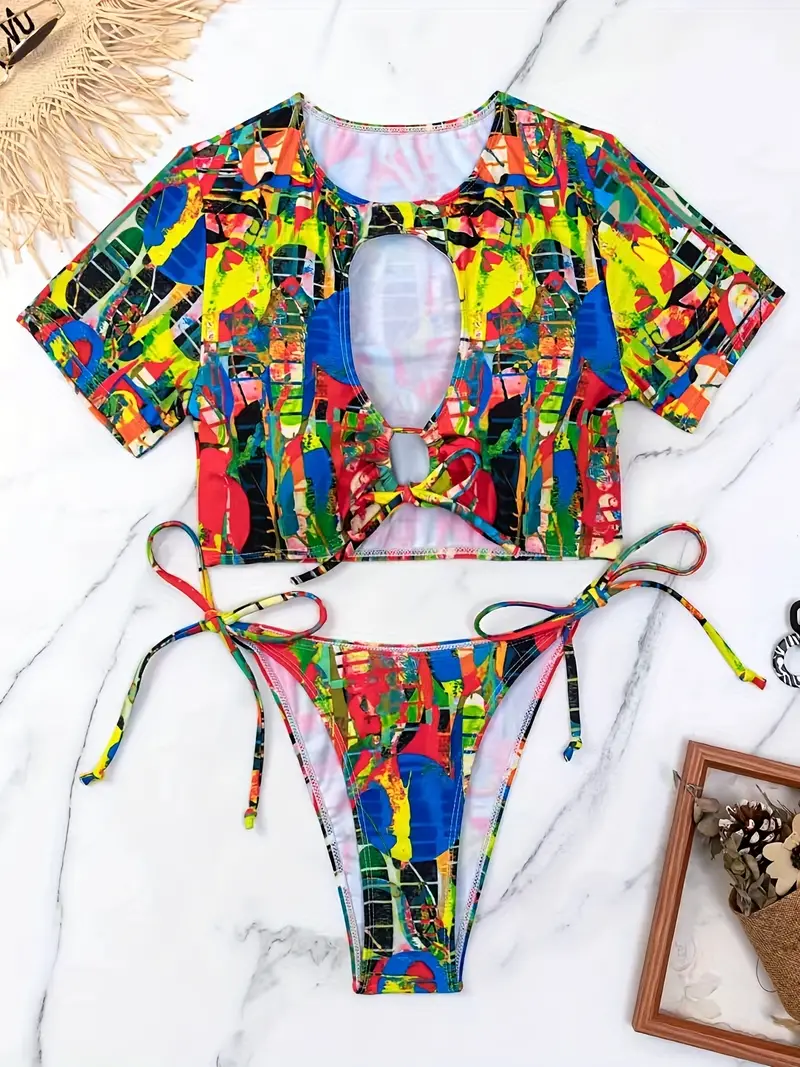 All Over Print Bikini Sets, Short Sleeves Round Neck Hollow Out Tie Side High Cut Two Pieces Swimsuit, Women's Swimwear & Clothing