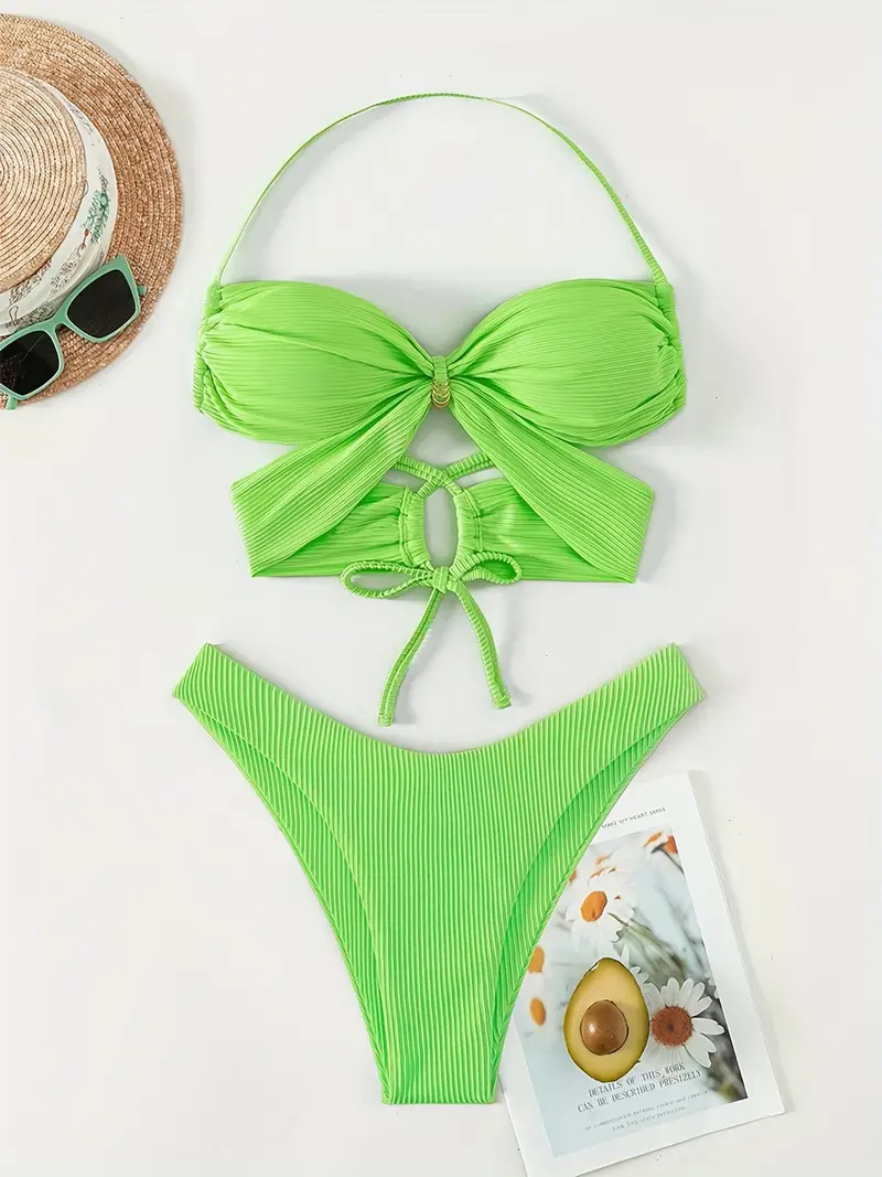 Neon Green Rib Knit Criss Cross Ring Decor 2 Piece Bikini, Solid Color Tie Back High Cut Stretchy Halter Swimsuit, Women's Swimwear & Clothing