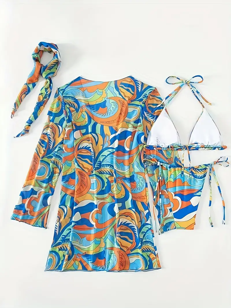 Tropical Print Tie Side Halter 3 Piece Swimsuit With Headscarf, Tie Neck Triangle Spaghetti Strap Bikini Long Sleeve Stretchy Cover Up, Women's Swimwear & Clothing