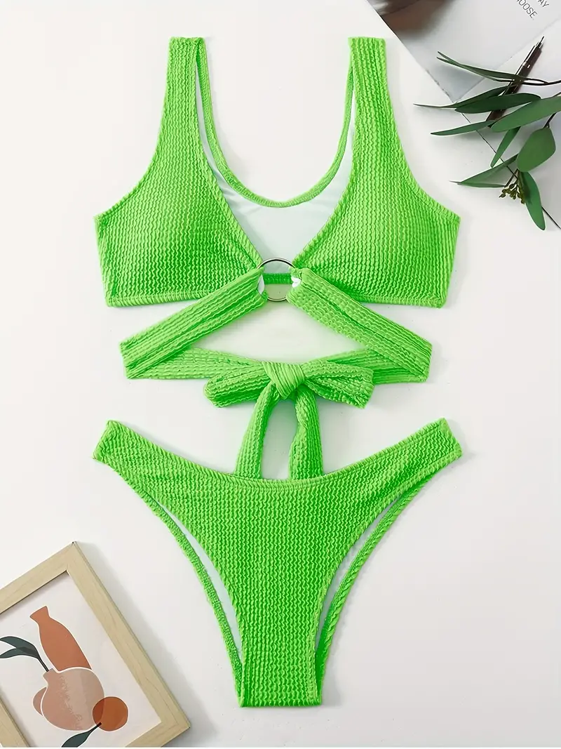 Plain Neon Green Textured Fabric 2 Piece Set Bikini, Ring Criss Cross Stretchy Swimsuits, Women's Swimwear & Clothing