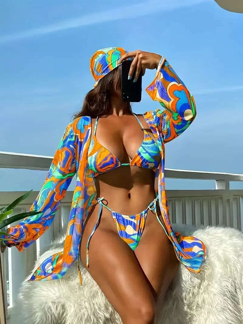 Tropical Print Tie Side Halter 3 Piece Swimsuit With Headscarf, Tie Neck Triangle Spaghetti Strap Bikini Long Sleeve Stretchy Cover Up, Women's Swimwear & Clothing