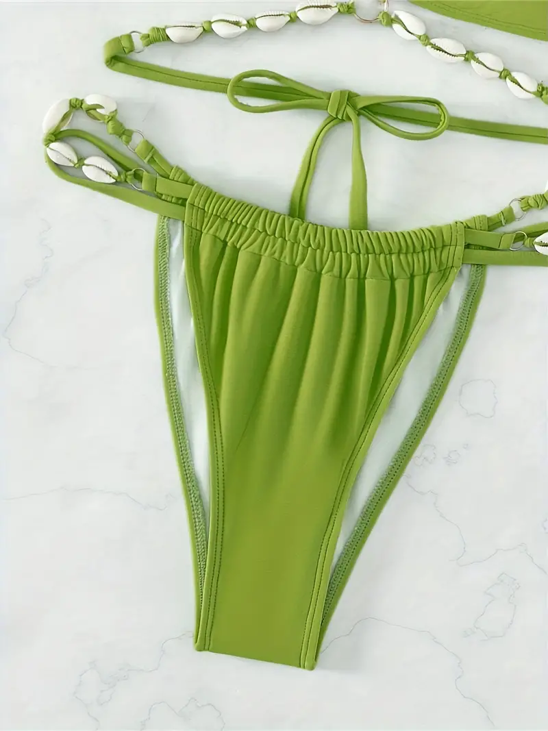 Seashell Decor Plain Green 2 Piece Set Bikini, Criss Cross Halter Tie Strap Cute Swimsuits, Women's Swimwear & Clothing