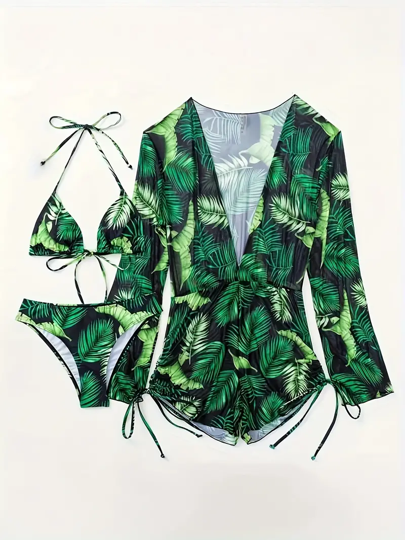 Leaf Print 3 Piece Set Bikini, Halter V Neck Tie Back Backless High Cut With Cover Up Romper Swimsuits, Women's Swimwear & Clothing Triangle Top