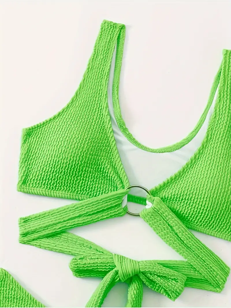 Plain Neon Green Textured Fabric 2 Piece Set Bikini, Ring Criss Cross Stretchy Swimsuits, Women's Swimwear & Clothing