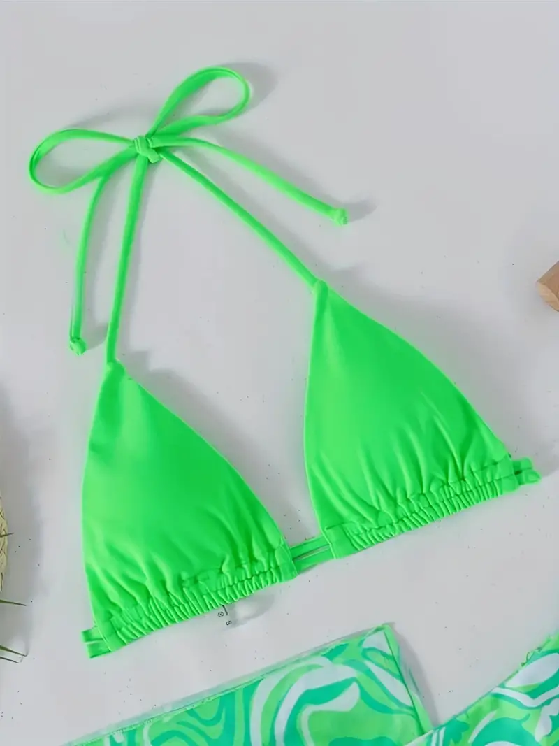 Neon Green Swirl Print 3 Piece Set Swimsuits, Triangle Tie Strap Halter Bikini & Mesh Cover Up, Women's Swimwear & Clothing