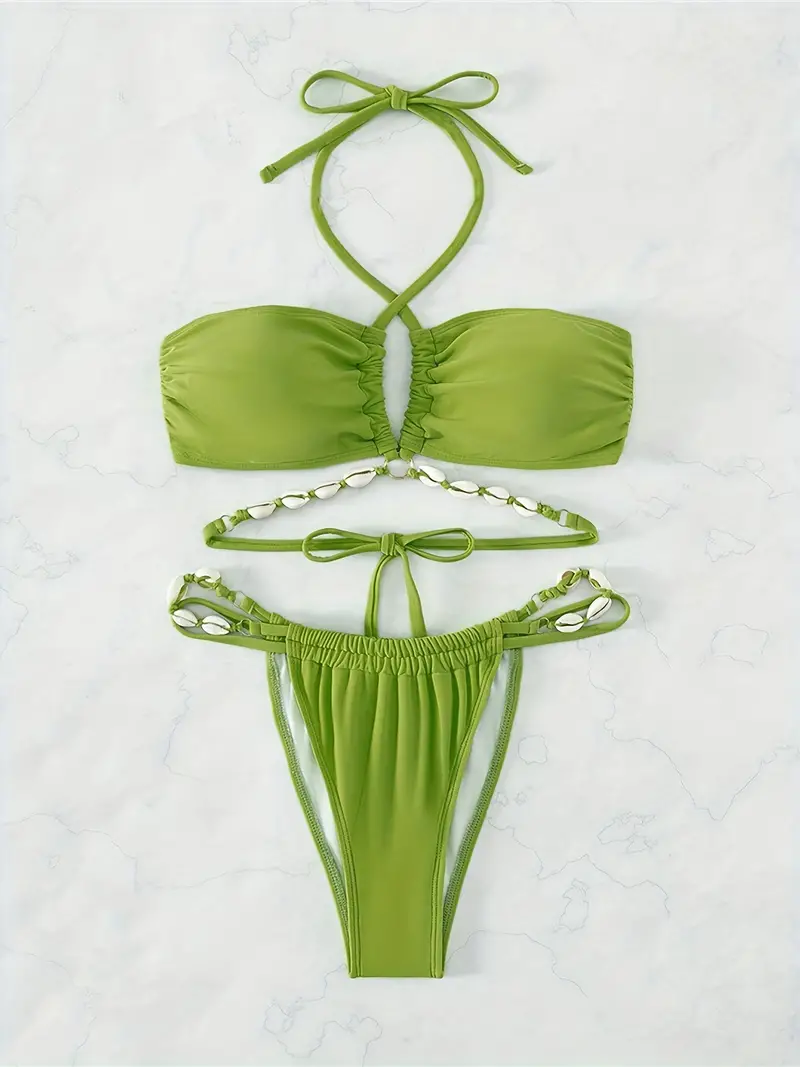 Seashell Decor Plain Green 2 Piece Set Bikini, Criss Cross Halter Tie Strap Cute Swimsuits, Women's Swimwear & Clothing