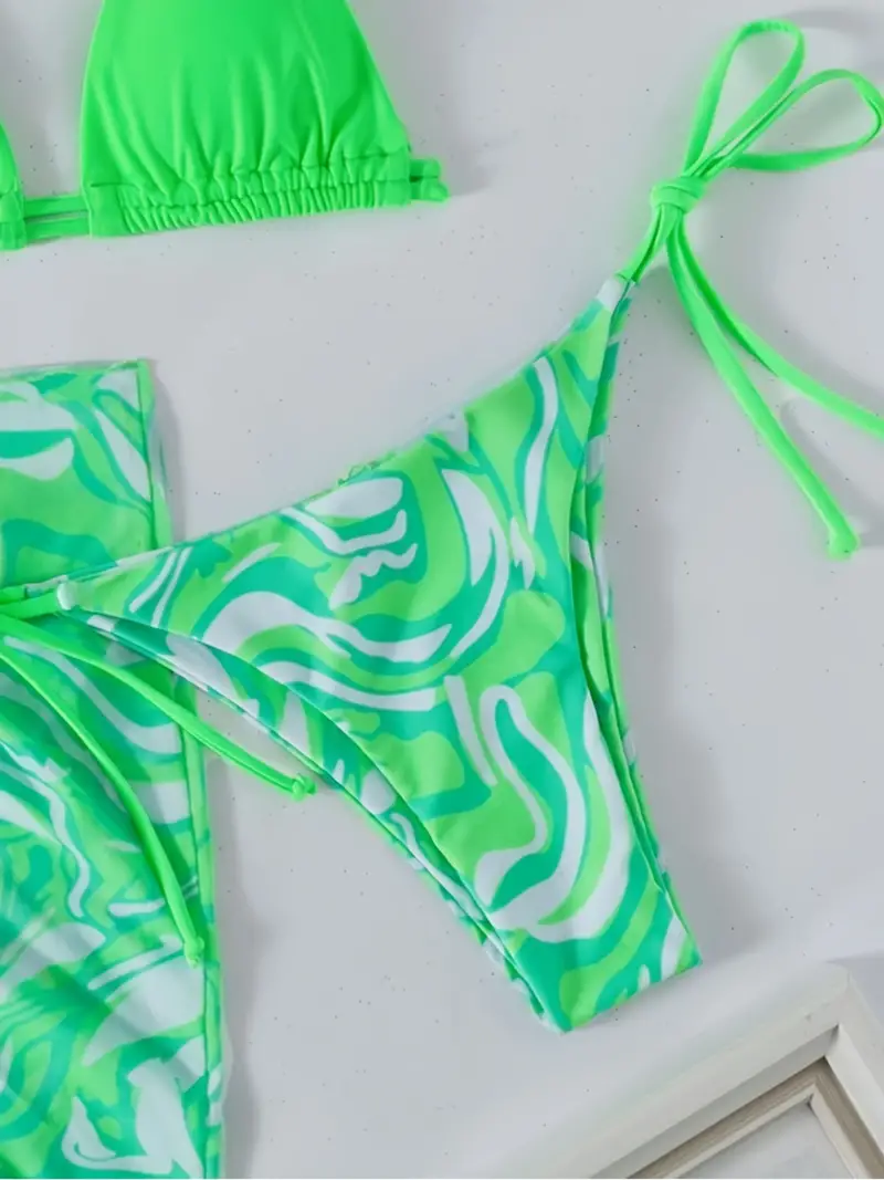 Neon Green Swirl Print 3 Piece Set Swimsuits, Triangle Tie Strap Halter Bikini & Mesh Cover Up, Women's Swimwear & Clothing