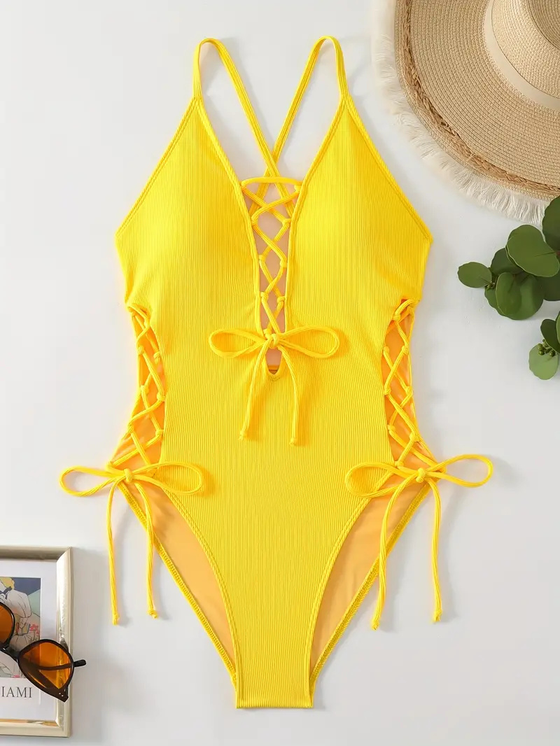 Solid Color Sexy One-piece Swimsuit, Criss Cross Straps Tie Side Backless Bathing Suits, Women's Swimwear & Clothing